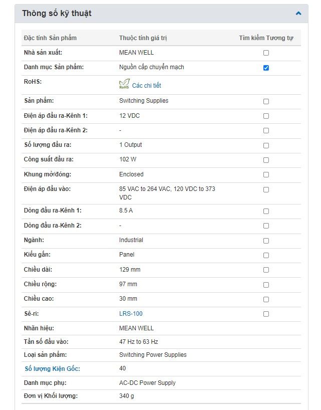 Nguồn DC LED 12V-8.5A 102W Meanwell LRS-100-12 - Phụ Kiện Điện Tử Việt Nam