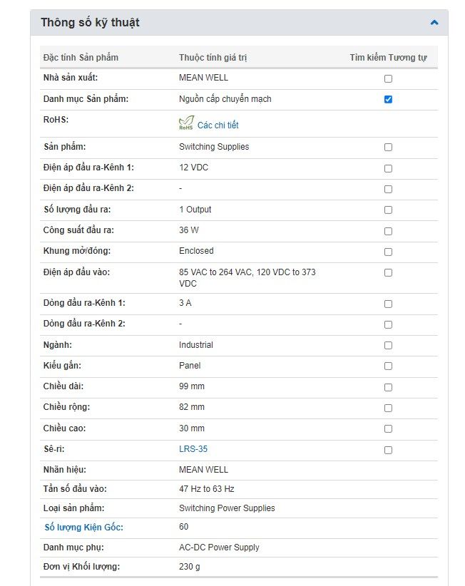Nguồn DC LED 12V-3A 36W Meanwell LRS-35-12 - Phụ Kiện Điện Tử Việt Nam Nguồn DC LED 12V-3A 36W Meanwell LRS-35-12 - Phụ Kiện Điện Tử Việt Nam