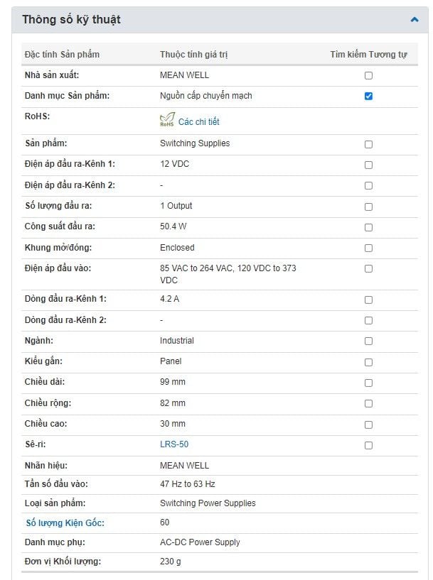 Nguồn DC LED 12V-4.2A 50W Meanwell LRS-50-12 - Phụ Kiện Điện Tử Việt Nam Nguồn DC LED 12V-4.2A 50W Meanwell LRS-50-12 - Phụ Kiện Điện Tử Việt Nam