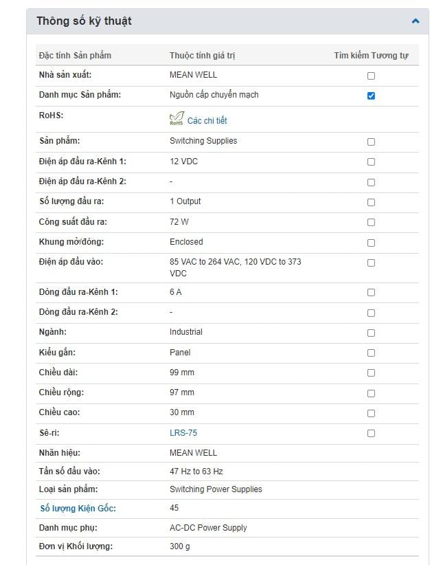 Nguồn DC LED 12V-6A 72W Meanwell LRS-75-12 - Phụ Kiện Điện Tử Việt Nam Nguồn DC LED 12V-6A 72W Meanwell LRS-75-12 - Phụ Kiện Điện Tử Việt Nam