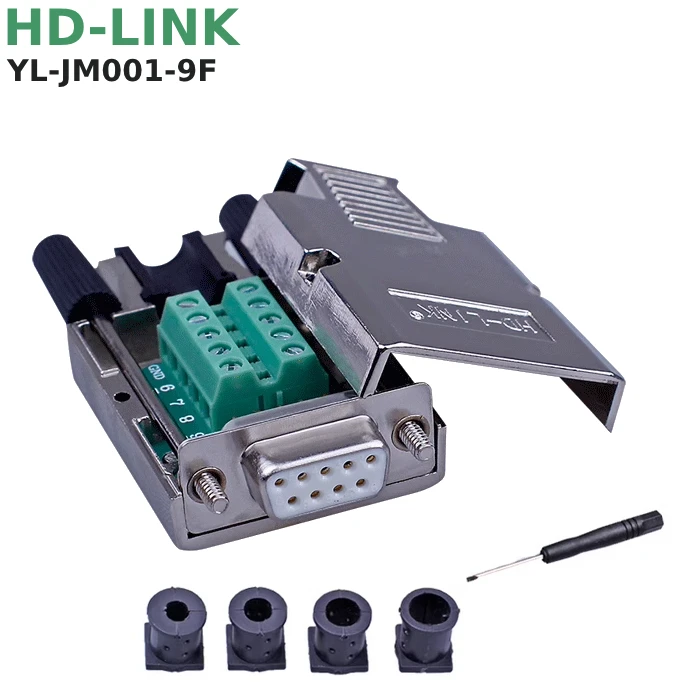 Đầu Giắc COM DB9 Đực Cái Không Hàn Bắt Vít Vỏ Ốp Kim Loại, Chân Đồng HD-Link YL-JM001-9F