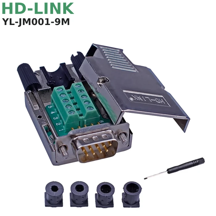 Đầu Giắc COM DB9 Đực Cái Không Hàn Bắt Vít Vỏ Ốp Kim Loại, Chân Đồng HD-Link YL-JM001-9M