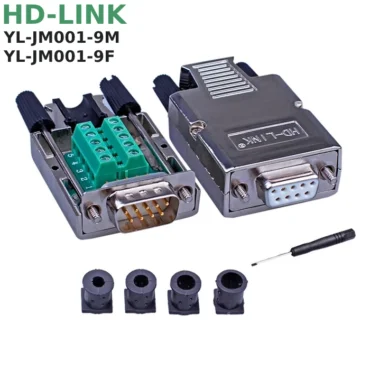 Đầu Giắc COM DB9 Đực Cái Không Hàn Bắt Vít Vỏ Ốp Kim Loại, Chân Đồng HD-Link YL-JM001-9MF