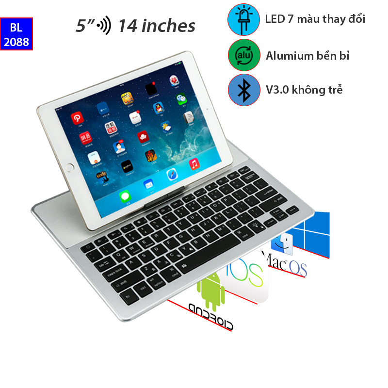 Bàn phím bluetooth rời có đèn LED cho Smartphone Tablet 4 đến 15'' kèm túi da đựng BOW BL-2088 - Phụ Kiện Điện Tử Việt Nam ban phim bluetooth cho may tinh bang 7 den 14 inches