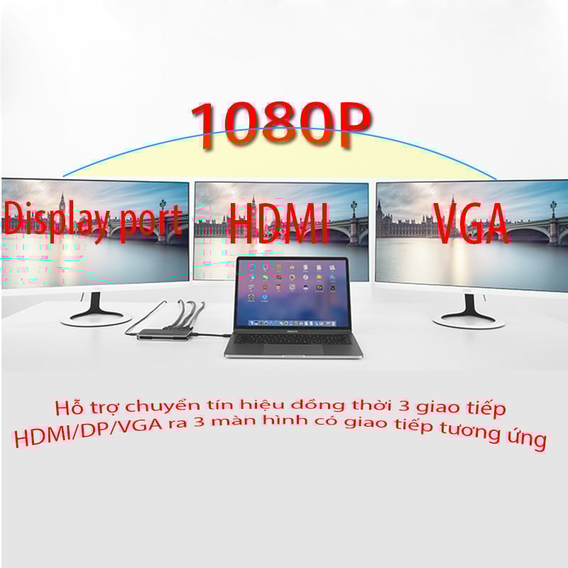 Chuyển đổi USB-C ra Display port HDMI VGA 1080P - 2 cổng USB 3.0 1 cổng USB TYPE-C power UGREEN 40872 - Phụ Kiện Điện Tử Việt Nam bo chuyen doi da nang displayport ra hdmi/vga/displayport UGREEN 40872