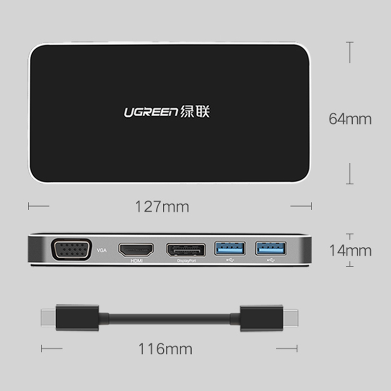 Chuyển đổi USB-C ra Display port HDMI VGA 1080P - 2 cổng USB 3.0 1 cổng USB TYPE-C power UGREEN 40872 - Phụ Kiện Điện Tử Việt Nam bo chuyen doi da nang displayport ra hdmi/vga/displayport UGREEN 40872
