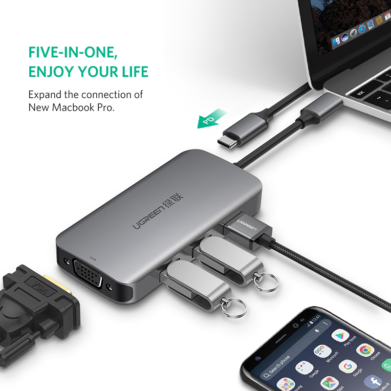 Bộ chuyển USB-C ra VGA + Hub 3*USB 3.0 + USB-C Power sạc UGREEN 50210 - Phụ Kiện Điện Tử Việt Nam bo chia usb 3.0 3 cong ho tro chuyen ra cong vga 1080p ugreen