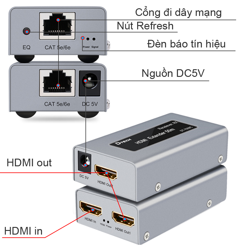 Bộ chuyển đổi và khuếch đại HDMI qua dây mạng LAN 50M Dtech DT-7009C - Phụ Kiện Điện Tử Việt Nam bo khuech dai hdmi qua day mang 50-60 met dtech dt-7009c