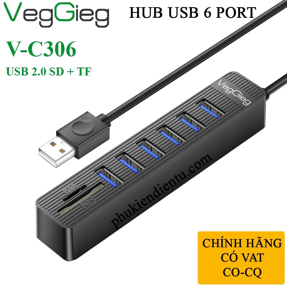 Bộ Chia USB 2.0 ra 6 Cổng USB và Đọc Thẻ Nhớ SD/TF Chính Hãng Veggieg V-C306 - Hub USB 8 trong 1 - Phụ Kiện Điện Tử Việt Nam Bộ Chia USB 2.0 ra 6 Cổng USB và Đọc Thẻ Nhớ SD/TF Chính Hãng Veggieg V-C306 - Hub USB 8 trong 1 - Phụ Kiện Điện Tử Việt Nam