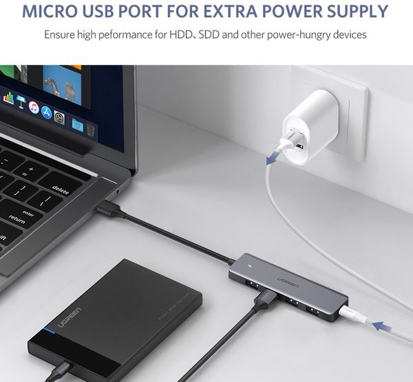 Bộ chia USB 3.0 4 cổng dài 15Cm hỗ trợ nguồn phụ type C Ugreen 50985 CM219 - Phụ Kiện Điện Tử Việt Nam