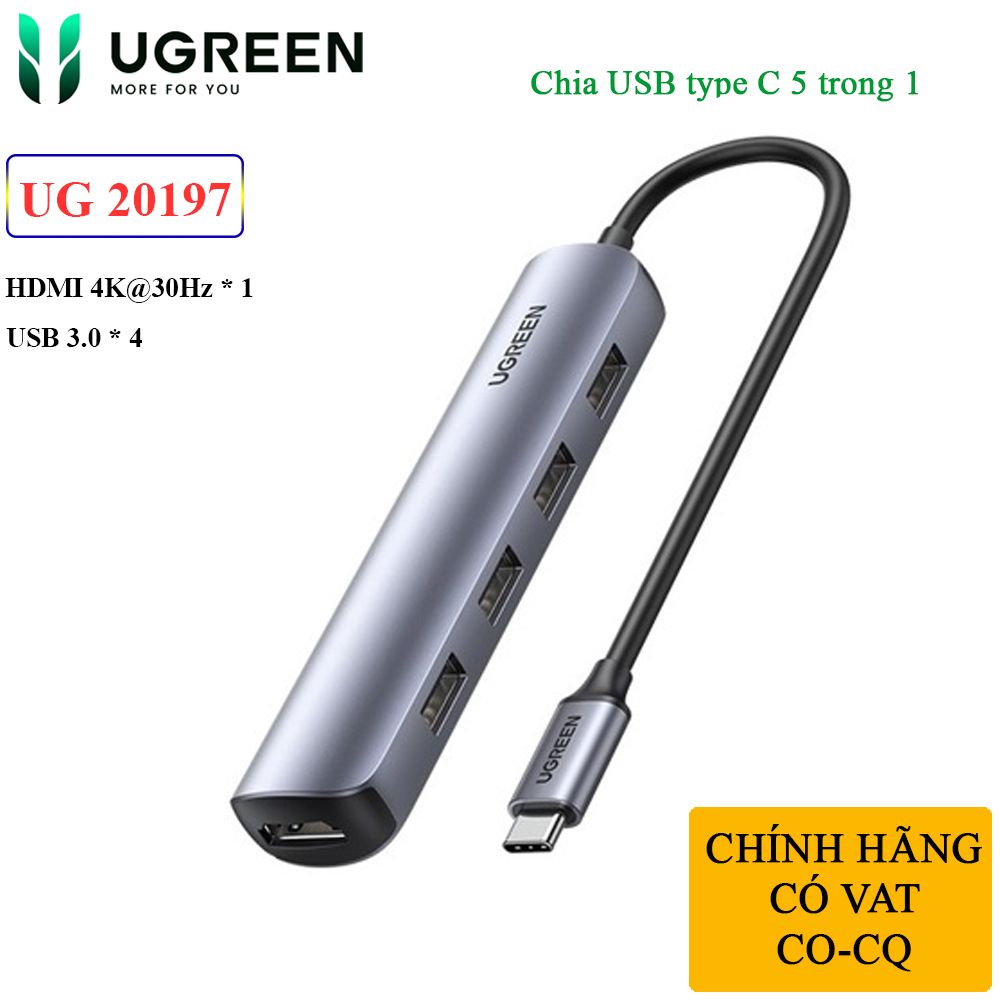Bộ chia USB typeC ra HDMI 4K@30Hz và 4 cổng USB 3.0 chính hãng Ugreen 20197 - Phụ Kiện Điện Tử Việt Nam Bộ chia USB typeC ra HDMI 4K@30Hz và 4 cổng USB 3.0 chính hãng Ugreen 20197 - Phụ Kiện Điện Tử Việt Nam