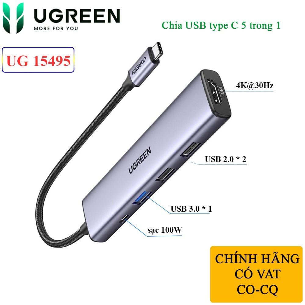 Bộ chia USB typeC ra HDMI 4K@30Hz và USB 3.0 USB 2.0 sạc 100W chính hãng Ugreen 15495 - Phụ Kiện Điện Tử Việt Nam