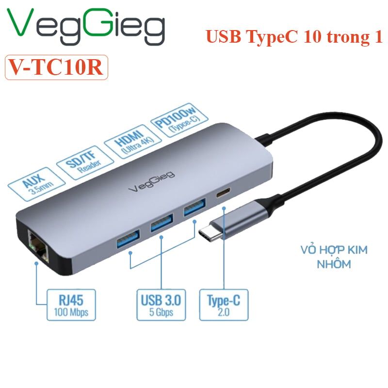 Bộ chuyển hub USB Type C 10 trong 1 Veggieg V-TC10R - Phụ Kiện Điện Tử Việt Nam Bộ chuyển hub USB Type C 10 trong 1 Veggieg V-TC10R