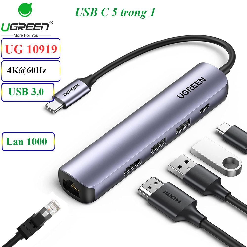 Bộ chuyển USB type C ra HDMI + USB + lan + DP 100W 5 trong 1 Ugreen 10919 - Phụ Kiện Điện Tử Việt Nam