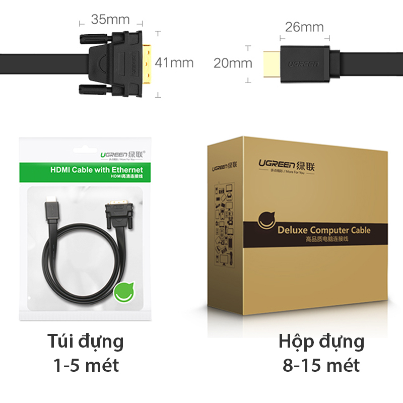 Cáp chuyển DVI sang HDMI dẹt mỏng UGREEN dài 1 mét đến 15 mét - Phụ Kiện Điện Tử Việt Nam cap hdmi ra dvi chinh hang ugreen det mong