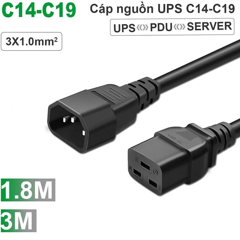 Dây cáp nguồn UPS C14-C19 lõi đồng 3x1.0mm2 10A-250V dài 1.8M, 3M - Phụ Kiện Điện Tử Việt Nam Dây cáp nguồn UPS C14-C19 lõi đồng 3x1.0mm² dài 1.8 mét và 3 mét