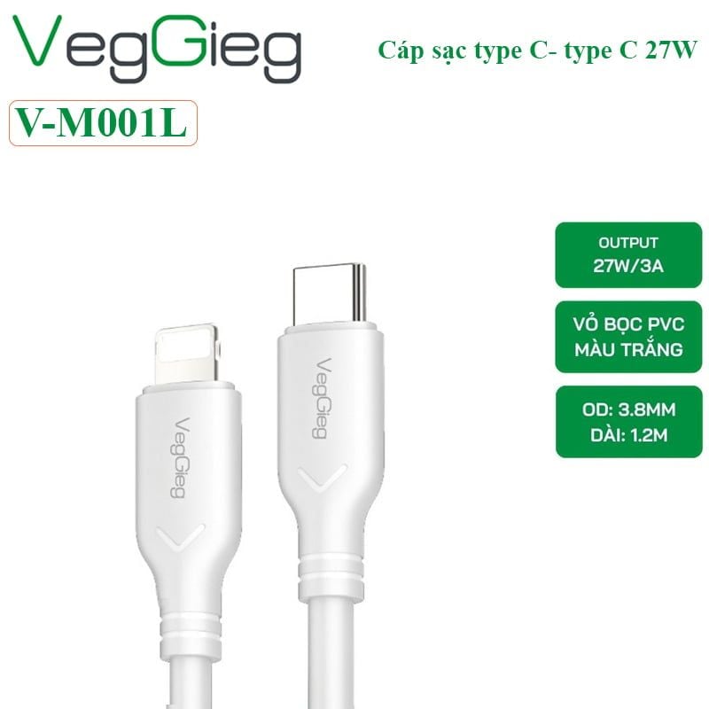 Bộ sạc nhanh 20W kèm cáp type C sang lightning dài 1.2M Veggieg V-M102