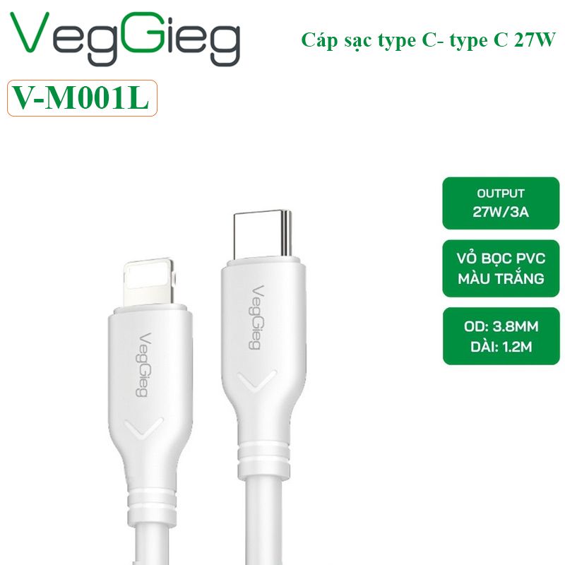 Cáp sạc điện thoại Type C to Lightning hỗ trợ sạc nhanh 27W Veggieg V-M001L - Phụ Kiện Điện Tử Việt Nam