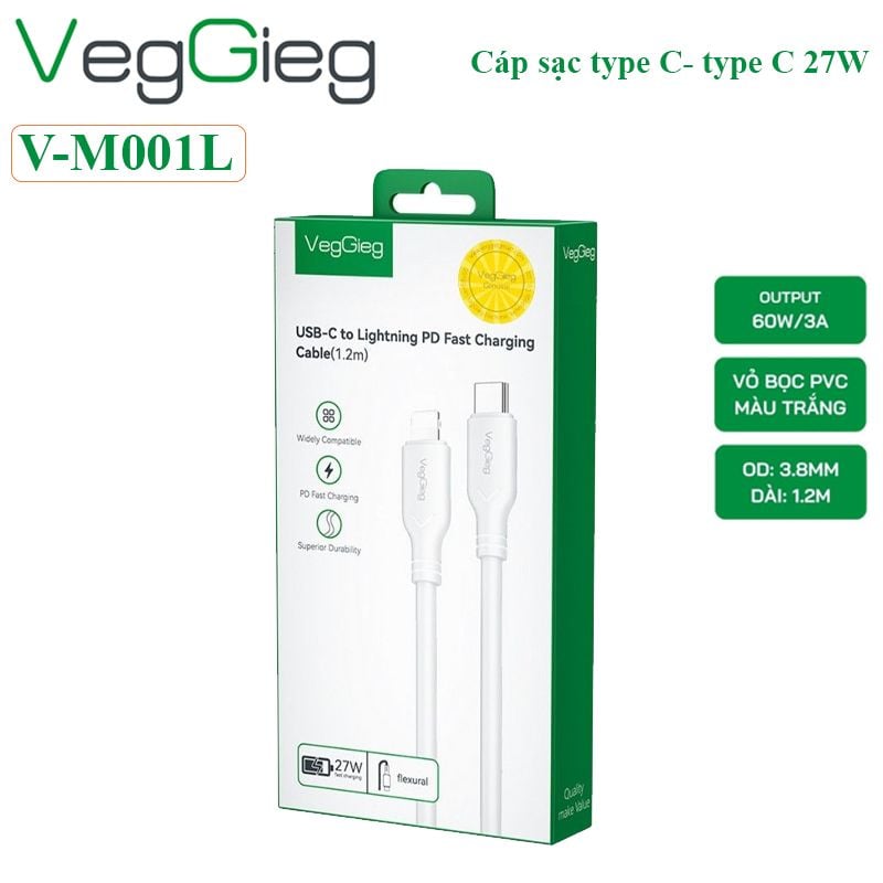 Bộ sạc nhanh 20W kèm cáp type C sang lightning dài 1.2M Veggieg V-M102
