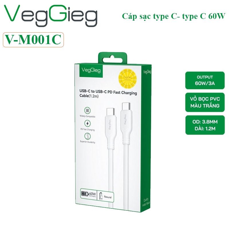 Cáp sạc điện thoại 2 đầu type C hỗ trợ sạc nhanh 60W Veggieg V-M001C - Phụ Kiện Điện Tử Việt Nam Cáp sạc điện thoại 2 đầu type C hỗ trợ sạc nhanh 60W Veggieg V-M001C