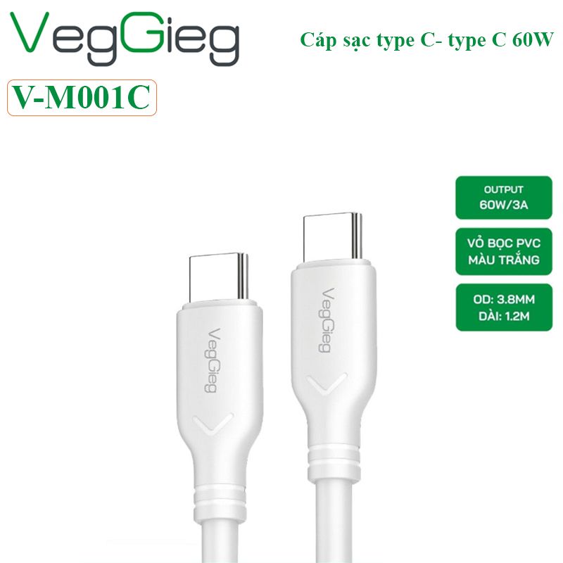 Cáp sạc điện thoại 2 đầu type C hỗ trợ sạc nhanh 60W Veggieg V-M001C - Phụ Kiện Điện Tử Việt Nam Cáp sạc điện thoại 2 đầu type C hỗ trợ sạc nhanh 60W Veggieg V-M001C