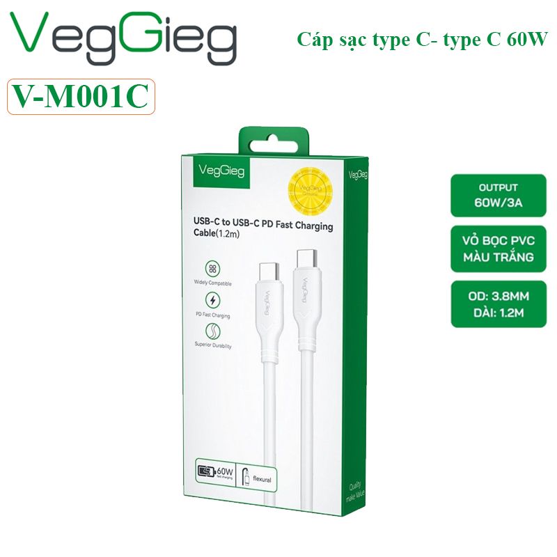 Cáp sạc điện thoại 2 đầu type C hỗ trợ sạc nhanh 60W Veggieg V-M001C - Phụ Kiện Điện Tử Việt Nam
