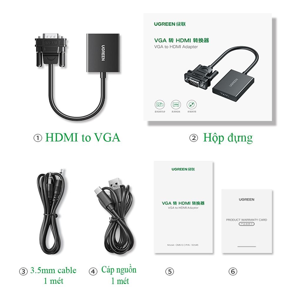 Cáp chuyển VGA Audio 3.5mm sang HDMI converter 1080P Ugreen 50945 CM513 - CM269 - Phụ Kiện Điện Tử Việt Nam Cáp chuyển VGA Audio 3.5mm sang HDMI converter 1080P Ugreen 50945 CM513 - CM269 - Phụ Kiện Điện Tử Việt Nam