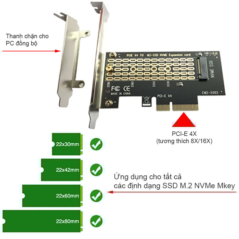Card chuyển SSD M.2 NGFF NVMe ra PCI-E4X SSU-EM2-5003 - Hỗ trợ B, M, B&M key - Phụ Kiện Điện Tử Việt Nam card chuyen m.2 nvme ra pci-e-4x ssu-em2-5002