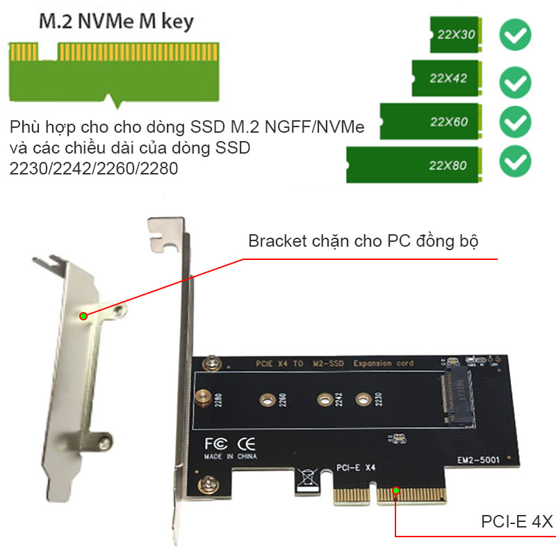 Card chuyển SSD M key M.2 NGFF NVMe ra PCI-E4X SSU-EM2-5001 - Phụ Kiện Điện Tử Việt Nam card pci-e 4x ra m.2 vnme ngff m key ssu-em2-5001