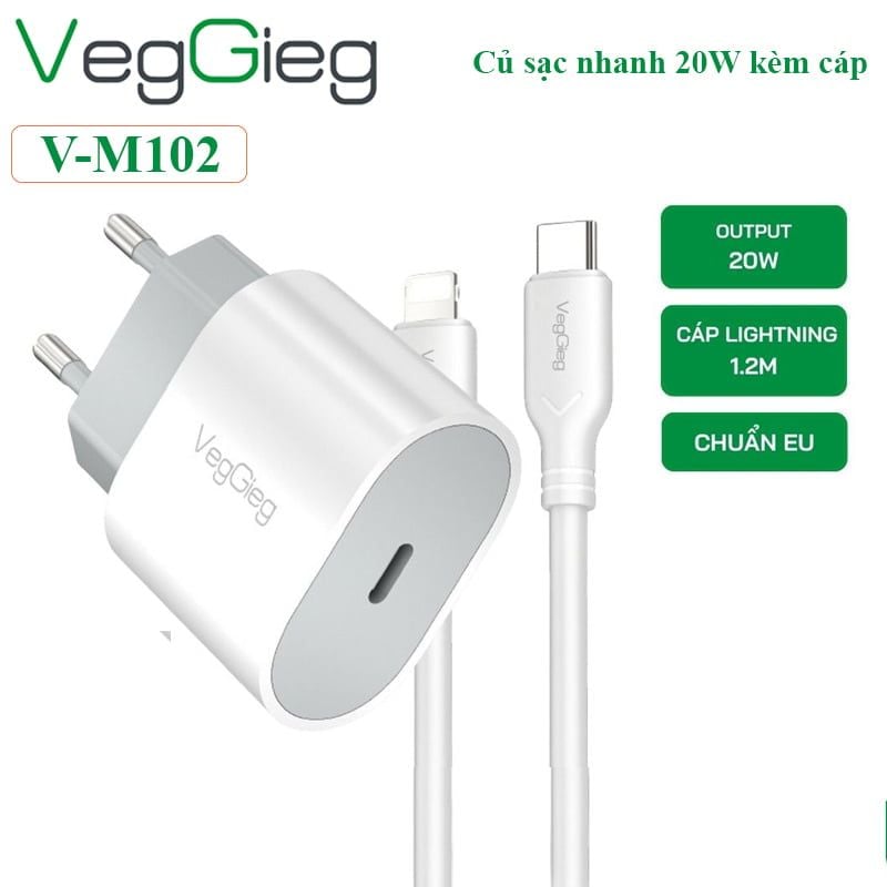 Bộ sạc nhanh 20W kèm cáp type C sang lightning dài 1.2M Veggieg V-M102