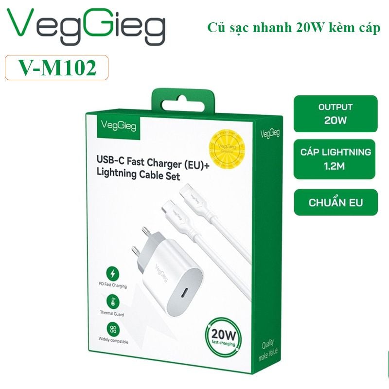 Bộ sạc nhanh 20W kèm cáp type C sang lightning dài 1.2M Veggieg V-M102