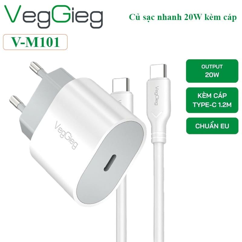 Bộ sạc nhanh 20W kèm cáp Type C dài 1.2M Veggieg V-M101 - Phụ Kiện Điện Tử Việt Nam Bộ sạc nhanh 20W kèm cáp Type C dài 1.2M Veggieg V-M101