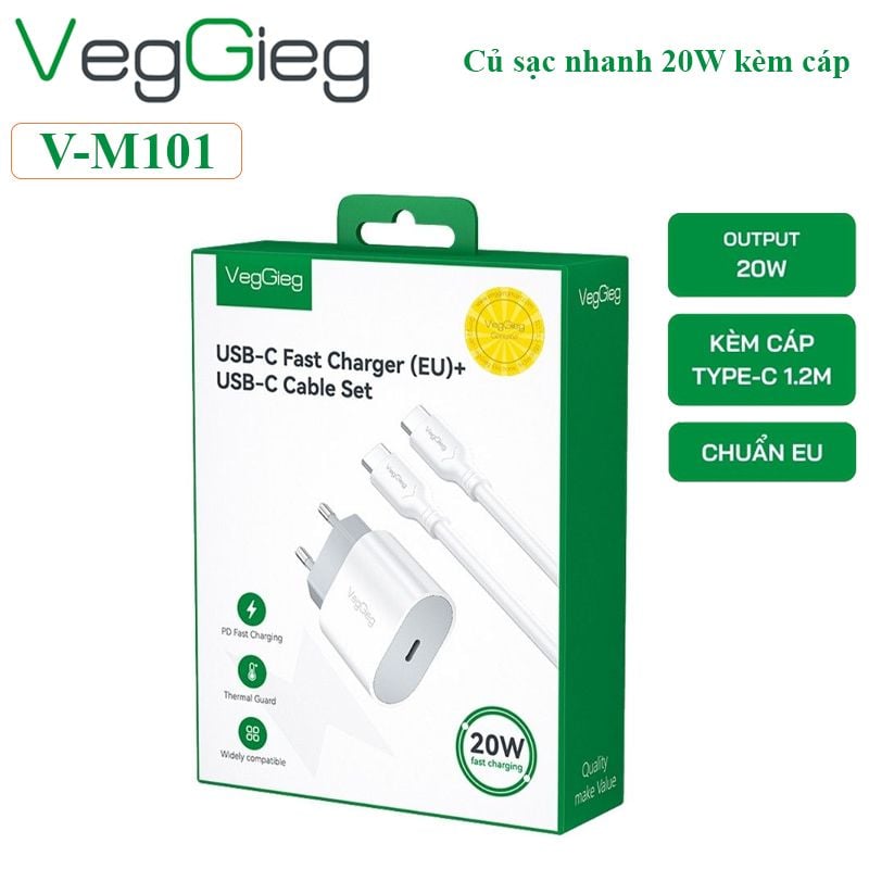 Bộ sạc nhanh 20W kèm cáp Type C dài 1.2M Veggieg V-M101 - Phụ Kiện Điện Tử Việt Nam Bộ sạc nhanh 20W kèm cáp Type C dài 1.2M Veggieg V-M101