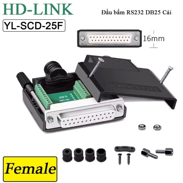 Đầu bấm cổng DB25 cái female bắt vít kèm vỏ ốp nhựa HD-LINK YL-SCD-25F