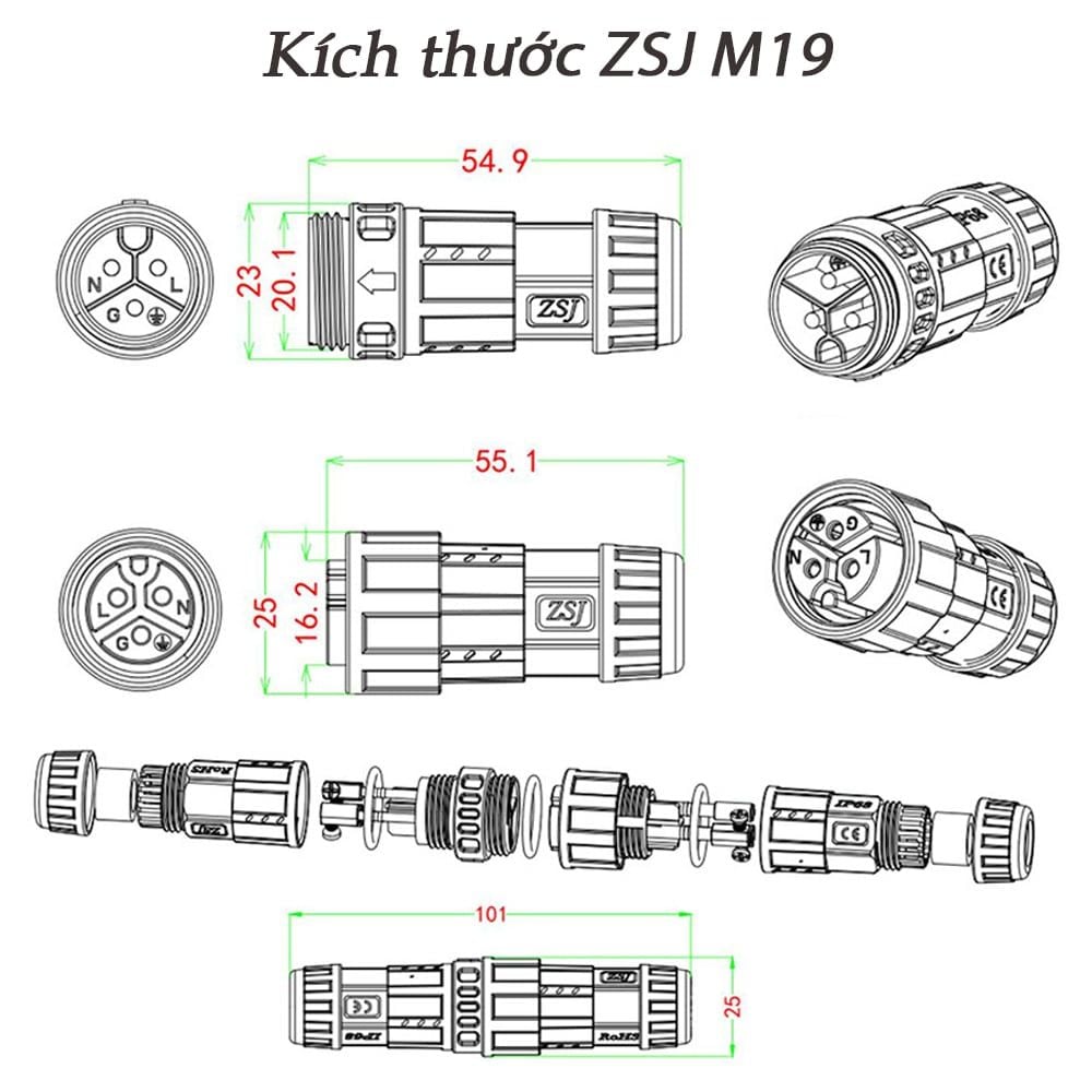 Đầu nối dây điện chống nước chuẩn IP68 chính hãng ZSJ M19-MF chân bắt vít - Phụ Kiện Điện Tử Việt Nam Đầu nối dây điện ngoài trời chống nước M19 2,3,4,5 lõi