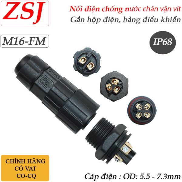 Đầu nối dây điện chống nước lắp bảng điều khiển chuẩn IP68 chính hãng ZSJ M16-FP