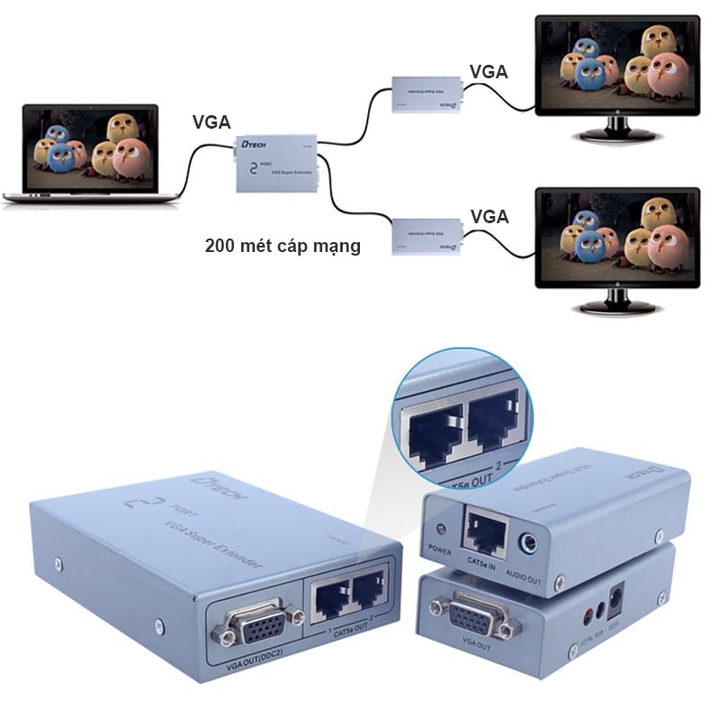 Bộ khuếch đại và chia VGA audio 1 ra 2 200 mét DTECH DT-7035 - Phụ Kiện Điện Tử Việt Nam dtech dt-7035