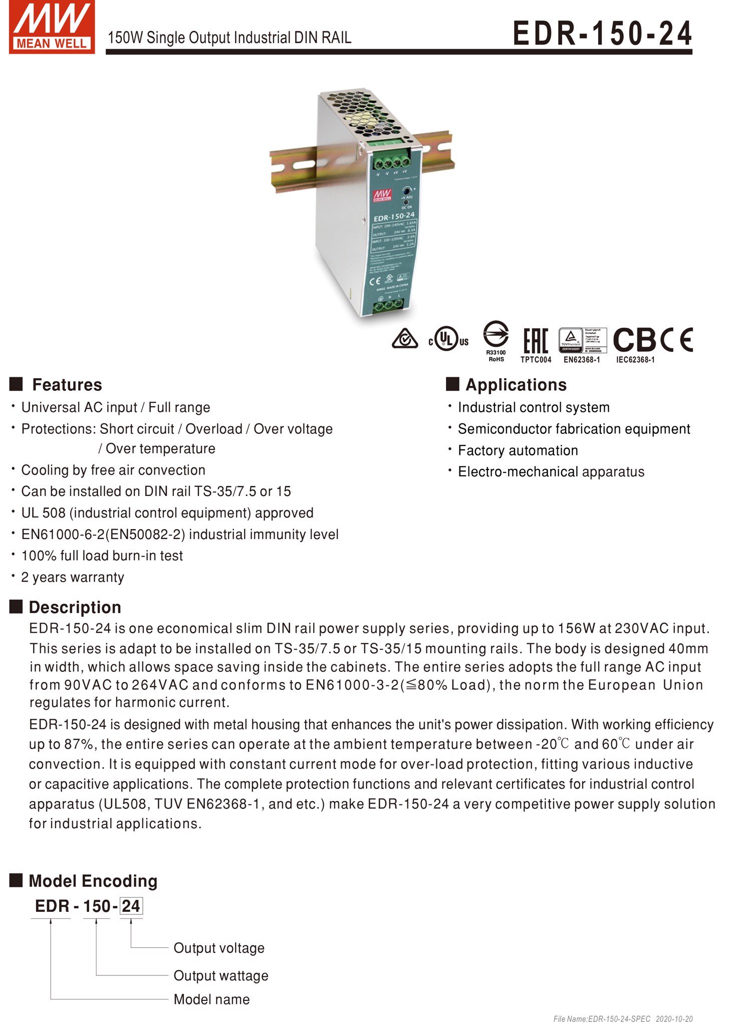 Nguồn DIN RAIL nguồn công nghiệp 24V-6.5A 150W Meanwell EDR-150-24 - Phụ Kiện Điện Tử Việt Nam nguon edr-150-24