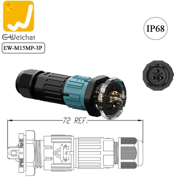 Đầu cút nối điện chống nước IP68 lắp panel hộp kỹ thuật E-Weichat EW-M15-FP