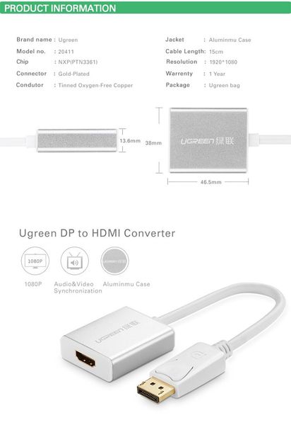 Displayport to HDMI Female 20cm Ugreen 20411 - Phụ Kiện Điện Tử Việt Nam Displayport to HDMI Female 20cm Ugreen 20411 - Phụ Kiện Điện Tử Việt Nam