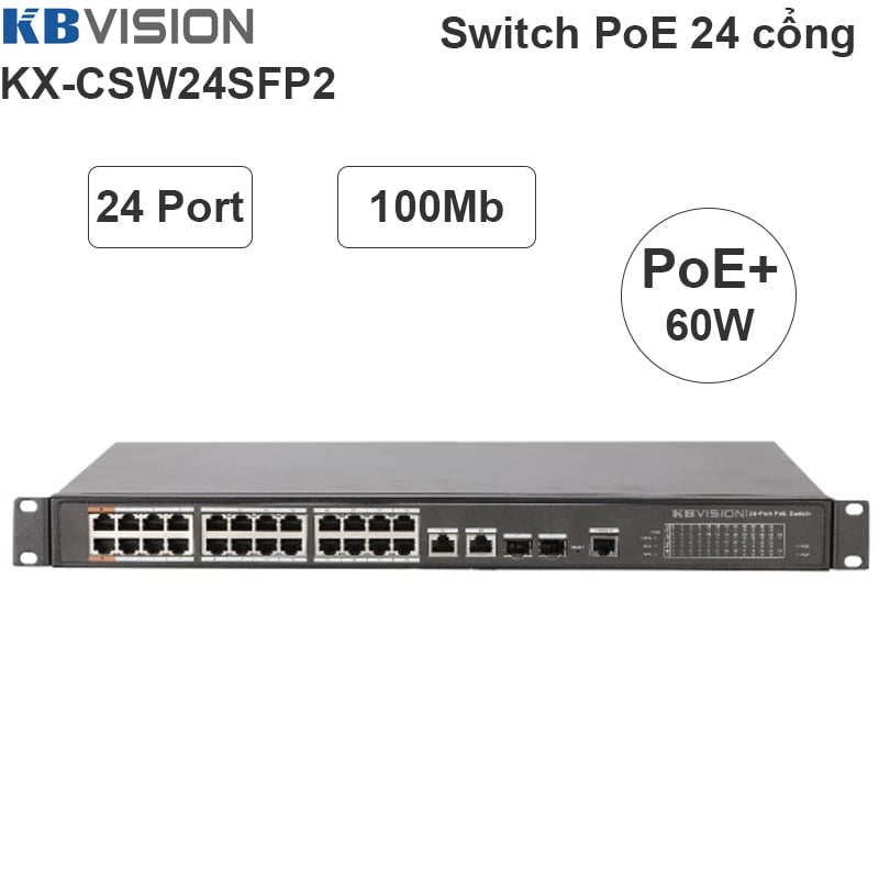 Switch Bộ chia 24 cổng PoE 802.3at PoE+/af 240W KBVISION KX-CSW24SFP2 - Phụ Kiện Điện Tử Việt Nam switch poe 24 port kbvision