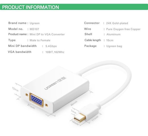 Mini DisplayPort ThunderBolt to VGA + audio ugreen 10437 - Phụ Kiện Điện Tử Việt Nam Mini DisplayPort ThunderBolt to VGA + audio ugreen 10437 - Phụ Kiện Điện Tử Việt Nam