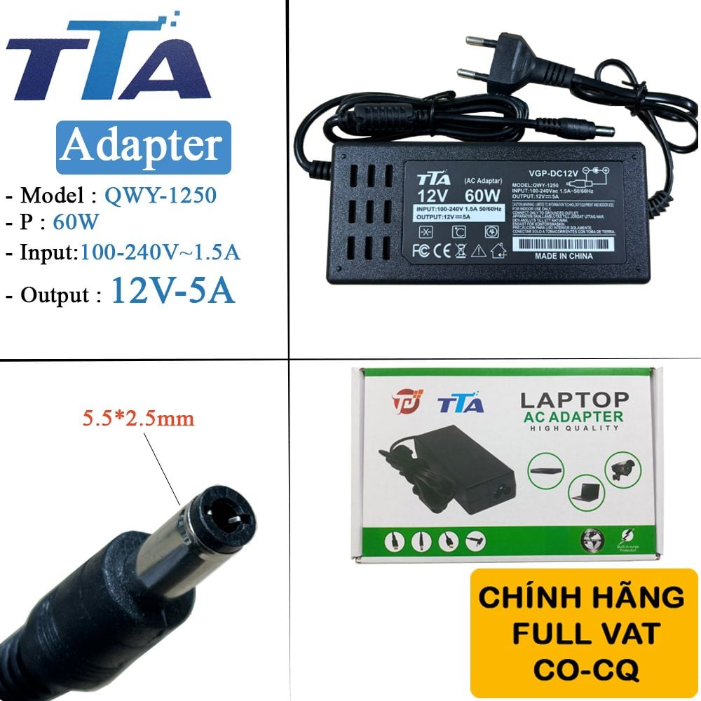 Nguồn adapter DC 12V5A chân 5.5*2.5mm 60W chính hãng TTA QWY-1250 - Phụ Kiện Điện Tử Việt Nam Nguồn adapter DC 12V5A chân 5.5*2.5mm 60W chính hãng TTA QWY-1250 - Phụ Kiện Điện Tử Việt Nam
