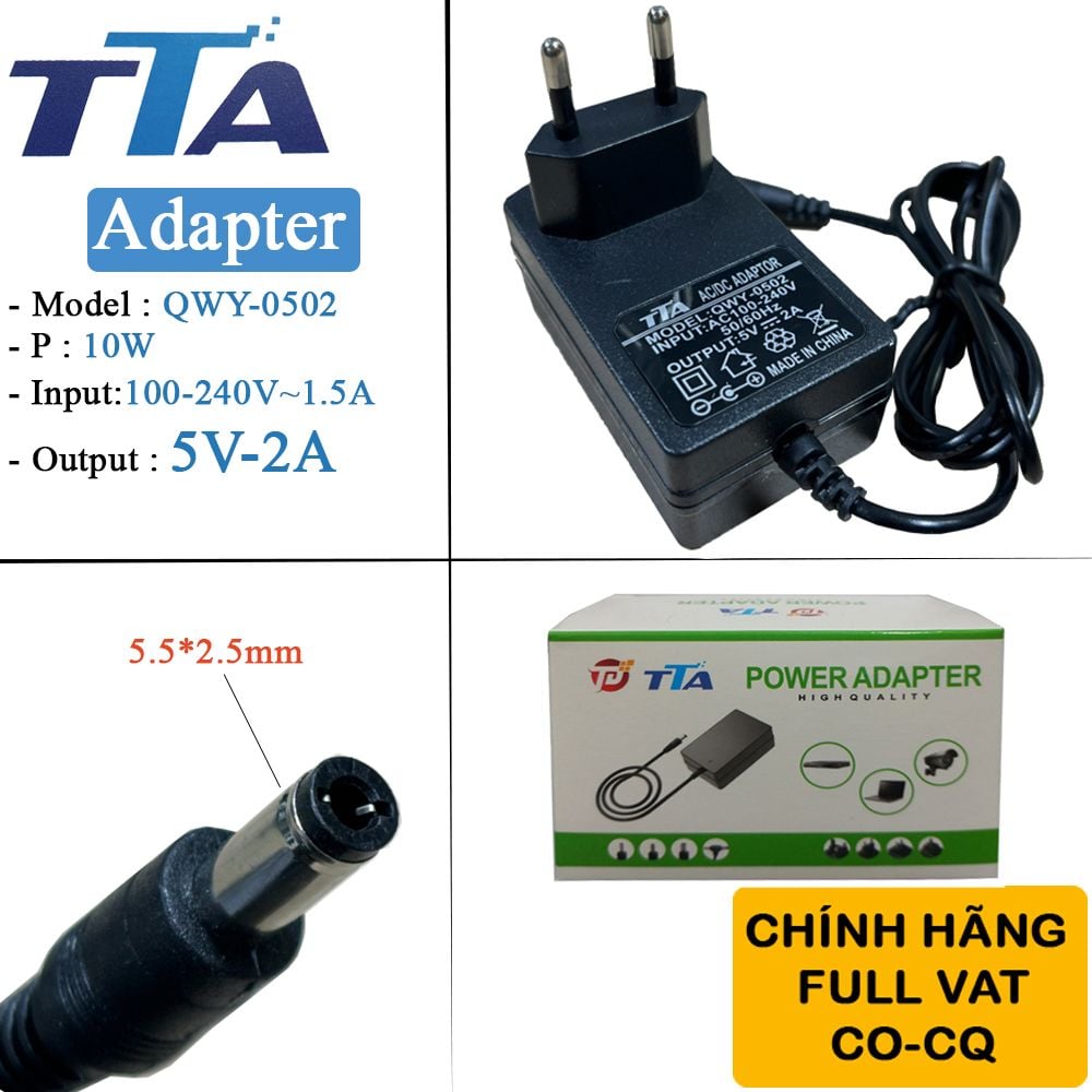Nguồn adapter 5V-2A 5.5 x 2.5mm chính hãng TTA QWY-0502 - Phụ Kiện Điện Tử Việt Nam