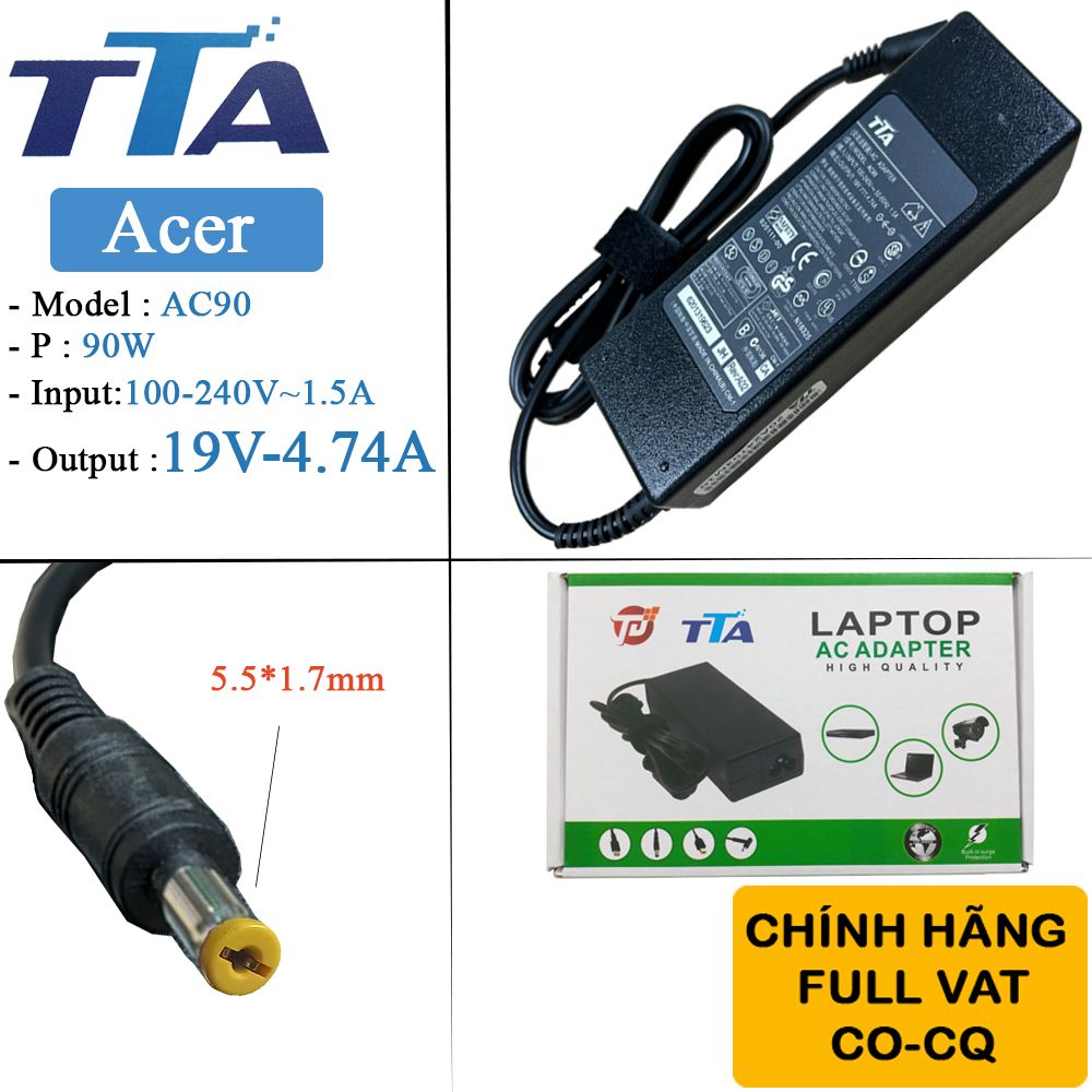 Bộ nguồn sạc laptop Acer 19V-4.74A 90W chân 5.5*1.7mm chính hãng TTA - Phụ Kiện Điện Tử Việt Nam Bộ nguồn sạc laptop Acer 19V-4.74A 90W chân 5.5*1.7mm chính hãng TTA - Phụ Kiện Điện Tử Việt Nam