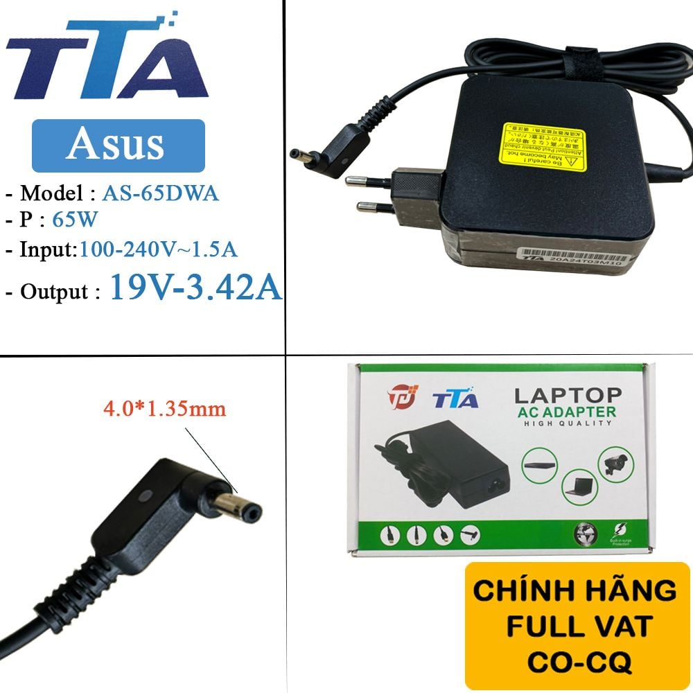 Bộ nguồn sạc pin laptop Asus 19V-3.42A 65W chân 4.0*1.35mm chính hãng TTA - AS-65DWA - Phụ Kiện Điện Tử Việt Nam Bộ nguồn sạc pin laptop Asus 19V-3.42A 65W chân 4.0*1.35mm chính hãng TTA - AS-65DWA - Phụ Kiện Điện Tử Việt Nam