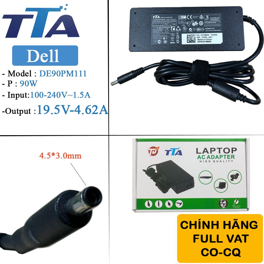 Bộ nguồn sạc pin laptop Dell 19.5V-4.62A 90W chân 4.5*3.0mm chính hãng TTA - DE-90PM111 - Phụ Kiện Điện Tử Việt Nam Bộ nguồn sạc pin laptop Dell 19.5V-4.62A 90W chân 4.5*3.0mm chính hãng TTA - DE-90PM111 - Phụ Kiện Điện Tử Việt Nam