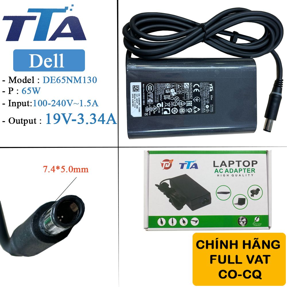 Bộ nguồn sạc pin laptop Dell 19.5V-3.34A 65W chân 7.4*5.0mm chính hãng TTA - DE-65NM130 - Phụ Kiện Điện Tử Việt Nam Bộ nguồn sạc pin laptop Dell 19.5V-3.34A 65W chân 7.4*5.0mm chính hãng TTA - DE-65NM130 - Phụ Kiện Điện Tử Việt Nam