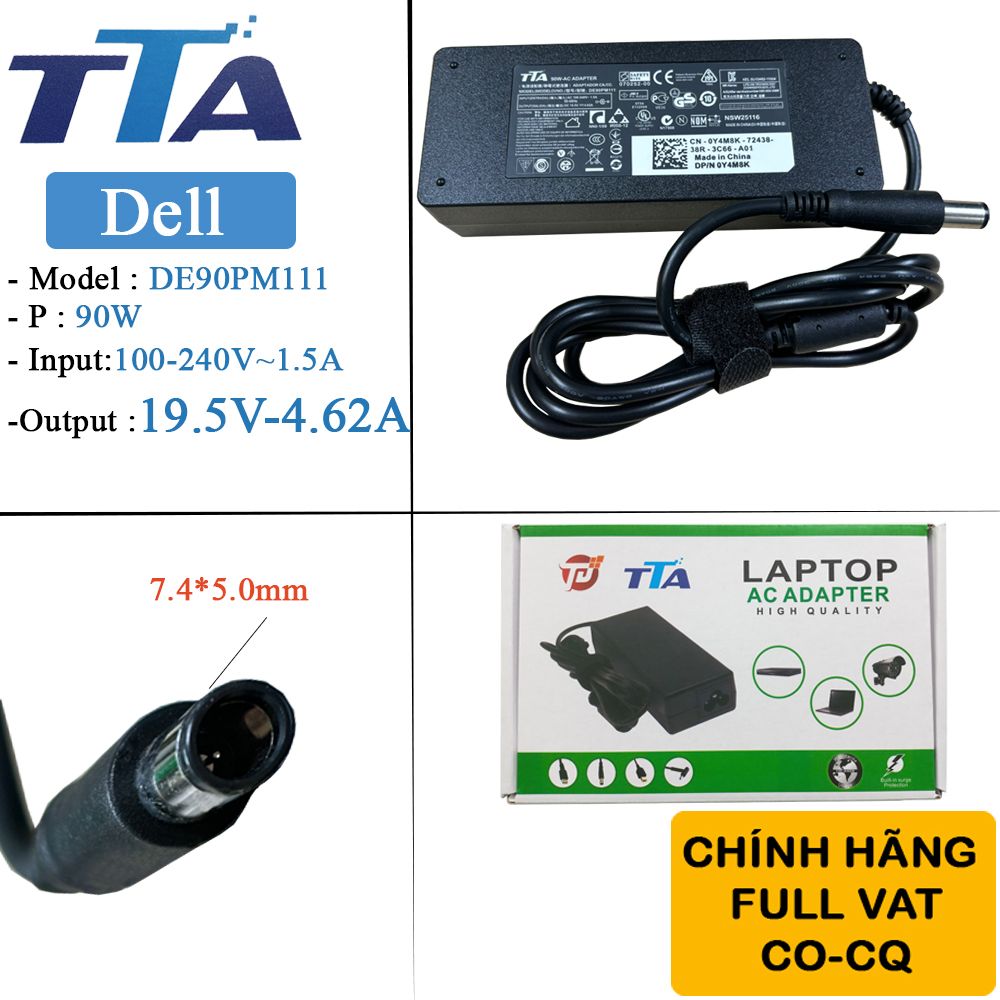Bộ nguồn sạc pin laptop Dell 19.5V-4.62A 90W chân 7.4*5.0mm chính hãng TTA - DE-90PM111 - Phụ Kiện Điện Tử Việt Nam