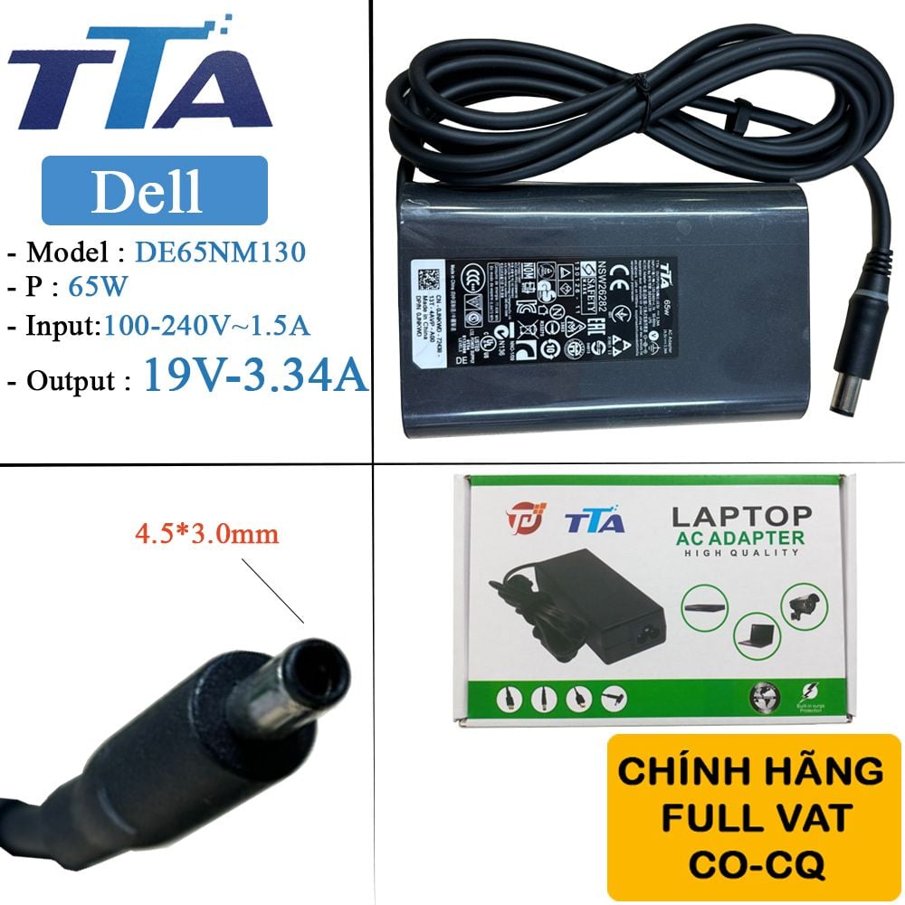 Bộ nguồn sạc pin laptop Dell 19.5V-3.34A 65W chân 4.5*3.0mm chính hãng TTA - DE-65NM130 - Phụ Kiện Điện Tử Việt Nam Bộ nguồn sạc pin laptop Dell 19.5V-3.34A 65W chân 4.5*3.0mm chính hãng TTA - DE-65NM130 - Phụ Kiện Điện Tử Việt Nam
